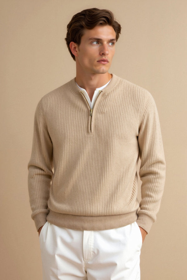 Men's Knitted Loose Solid Zipper Striped Knitted Sweater